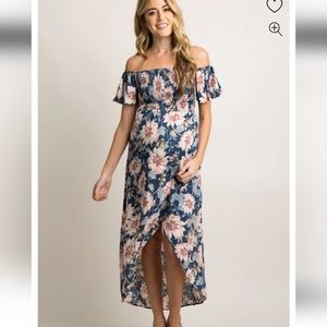 PinkBlush Blue Floral Off Shoulder Smocked Wrap Maternity Dress SM